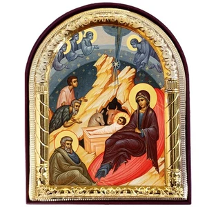 Nativity of Christ Icon Saints and Angel Gold Foil 4 1/16 Inch Standing and Hole - Picture 1 of 2