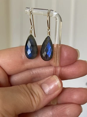 Labradorite Earrings Natural Briolette 14K Gold Filled Strong Blue Flash - Image 1 of 4