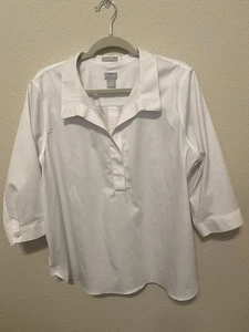 Chico's No Iron 3P White 3/4 Sleeve and Button Up Blouse Back Button Accent T11 - Picture 1 of 6