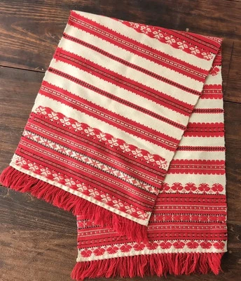 Scandinavian Swedish Wool Red White Abtract Design Table Runner 48"x 16" - Image 1 of 4