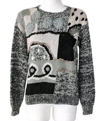 Suéter Texturizado 3d De Colección Años 80 Mujer S Negro Blanco Gris Rayas Ramie Tejido Top Foto 1 de 4