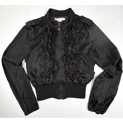 Chaqueta de bombardero de colección Charlotte Russe con volantes esmoquin frontal para mujer pequeña negra Y2K usada en excelente estado Foto 1 de 4