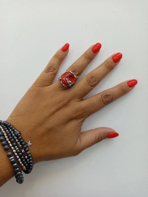Anello donna vero corallo rosso italiano argento bianco 925 fascia regolabile - Immagine 1 di 4
