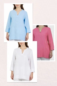 Lands' End Woman’s Linen Top 3/4 Sleeves, Slits Notch Neck Pockets Side - Picture 1 of 6