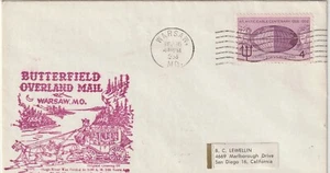 BUTTERFIELD OVERLAND MAIL CENTENNIAL STAGECOACH WARSAW MO PM SIGNED 1958 COVER - Picture 1 of 2