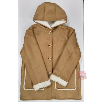 Bailey - Women's Tan Faux Suede Hooded Sherpa Lined Coat with Button Closure (L) Foto 1 de 4