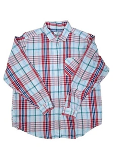 Vtg 80s  White Red Plaid Cotton Button Up Shirt Women Blouse Size L 16 Retro - Picture 1 of 10