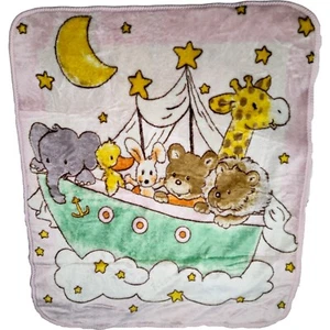 Baby Mink Pink Animals On Boat Star Moon Ship 45x50 Vtg htf Blanket Elephant - Picture 1 of 4