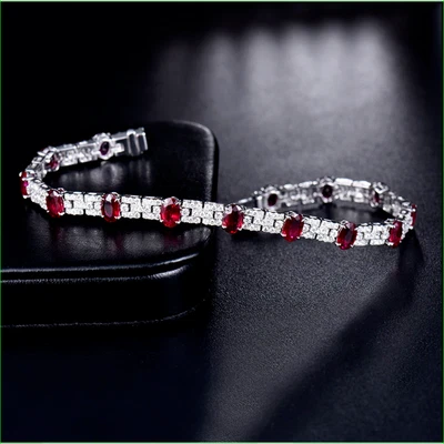 Women Fancy Tennis Bracelet 925 Sterling Silver Simulated Red Ruby 6Ct Oval Cut - Image 1 of 3