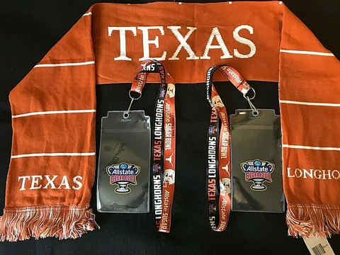 Texas Longhorns Sugar Bowl Official Scarf & 2 Lanyards w. Ticket holders Cover