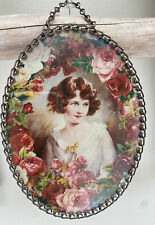 Victorian Chimney Flue Cover; Demure Girl with Roses; Chain Frame Oval 5x7 MOL