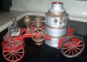 *1890s WILKINS CLOCKWORK PRESSED STEEL WIND UP STEAMER FIRE PUMPER-ORIG - Picture 1 of 12