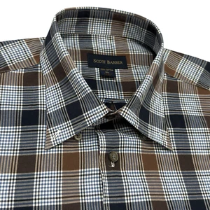 Scott Barber L/S Button Down Cotton Casual Dress Shirt Men's XL Blue Brown Plaid - Picture 1 of 17