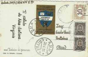 1936 A.O.I.10CX2 RECAPITO AUTORIZZATO+10C TASSE+ ERINNOFILO LIVORNO DA ADUA X PI - Foto 1 di 2