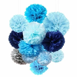 13 Tissue Paper Flowers Pom Poms Decorations Blue Bright Colorful Large Assorted - Picture 1 of 12