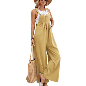 Womens Wide Leg Dungarees Jumpsuit Ladies Loose Casual Overalls Playsuit Rompers