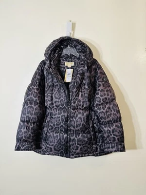 Michael Kors hooded quilted puffer jacket leopard print charcoal brown NWT sz 1X - Image 1 of 4