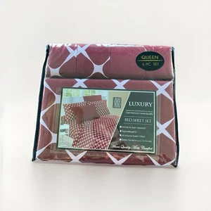 ELEGANT COMFORT GEOMETRIC PRINTED MICROFIBER MEDIUM RED 6 PC QUEEN SHEET SET - Picture 1 of 2