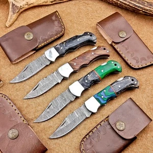 LOT OF 4 PCS! Handmade Damascus Pocket Knives – Folding Knives, W/Sheath IT-1396 - Picture 1 of 9