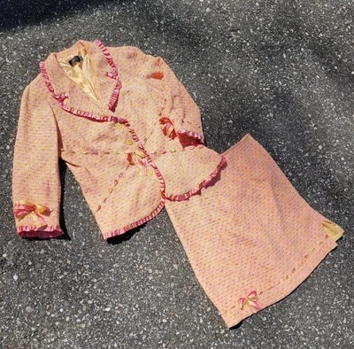 RARE Vintage 80s Orange & Pink Tweed RibonnedBlazer Skirt Suit 2 Piece Set - Image 1 of 4