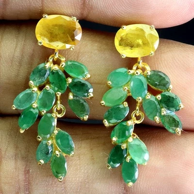 925 Sterling Silver Earrings Oval Yellow Sapphire 9x7mm Emerald Gemstone Jewelry - Image 1 of 4
