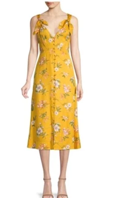 REBECCA TAYLOR Yellow Lita Floral Tie Strap Sleeveless Midi Dress Size 8 Silk - Image 1 of 4