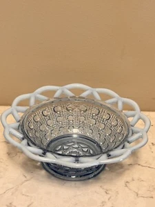 Imperial Glass Blue Opalescent Sugarcane Bowl Candy Dish Lace Edge - Picture 1 of 4