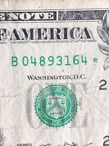 2013 Duplicate B Series New York $1 STAR Note DC Error B04893164* - Picture 1 of 3