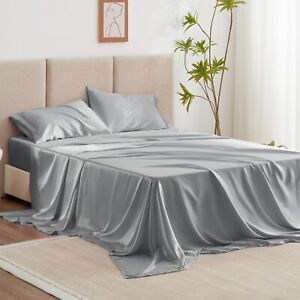 Love's cabin Satin Queen Sheets Set - 4 Piece Sage Silky Satin Bed Sheets Queen 