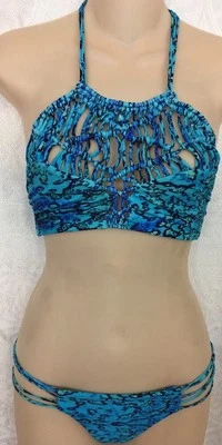 Mikoh Bikini Blue Multi Print Woven Halter Top Size S Bottoms Size Extra Small - Image 1 of 4