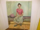 20TH CENTURY ACRYLIC A GIRL PORTRAIT SITTING ON THE BED AND WEARING BLUE SANDEL