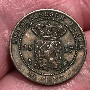 1857 Netherlands East Indies 1/2 Cent Copper Coin - VF (Very Fine) condition - Picture 1 of 4