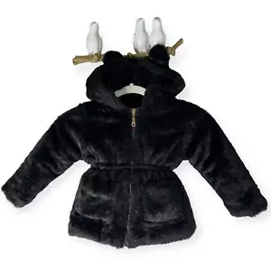 Plush Faux Fur Coat with Teddy Bear Hoodie Zipper Front Soft Black Size 3T Girls - Picture 1 of 13
