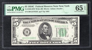 FR 1959-BW 1934-C $5 FRN FEDERAL RESERVE NOTE NEW YORK, NY PMG GEM UNC-65EPQ. - Picture 1 of 2