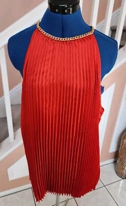 NWT MICHAEL KORS Red Chain Link Halter Neck Knife Pleat Sleeveless Top Sz 2X - Picture 1 of 14