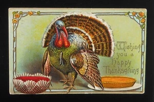 1909 Thanksgiving Greetings Huge Turkey Pumpkin Pie Red Punch Postcard - Picture 1 of 2