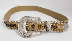 Kippys Tan Leather Studded Jeweled Belt Silver Buckle 34