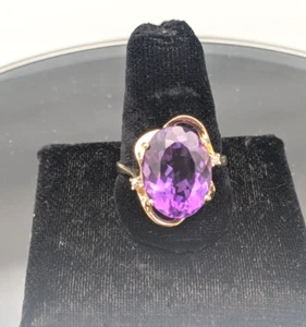 14k Yellow Gold Amethyst Oval 12x15.5mm with Diamond Accents Ring Size 9 ~ 5.1g - Imagen 1 de 8