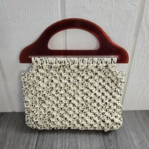 VINTAGE Macrame Woven Handbag With Bakelite Lucite Handles Handmade Boho Vtg - Picture 1 of 5