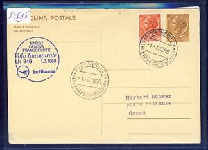 51956) Italien LH FF Neapel - Genua 1.7.68, postal stat.card 2x Heftkl.-Lochung