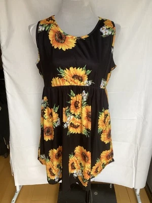 Women's Black Tank Dress with Sunflower Print Size 2XL fits like 1XL w/pockets - Image 1 of 4