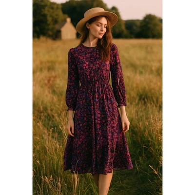 Calvin Klein Dress Women 12 Purple Floral Mock Neck Midi Cottage Peasant Career - Image 1 of 4