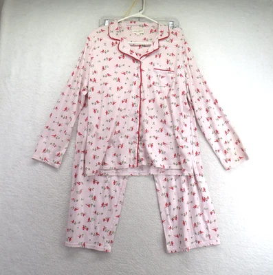 Laura Ashley Pajama Set Womens Medium Pink Cardinal Print Button Front PJs - Image 1 of 4