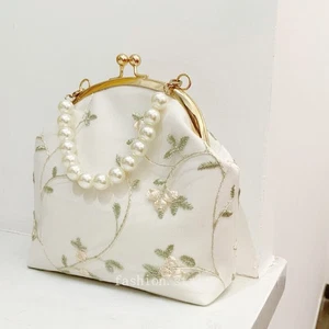 Lady Shoulder Bag Handbag Faux Pearl Chain Retro Embroidered Lace Floral Splice - Picture 1 of 25