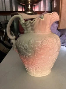 Vintage 1980s Ceramic Cream Pitcher Raised Floral Design Gold Ruffled Trim,10.5” - Picture 1 of 7