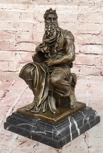 Signed Michelangelo Biblical Moses Bronze Sculpture Jewish Marble Figurine Decor - Picture 1 of 10