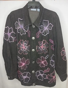 Liz & Me Womens Black Denim Jacket Size XL Floral Embroidered Sequin 1X - Picture 1 of 7