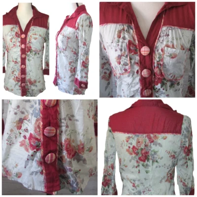 Floral Blouse M 3/4 sleeve Big plaid Buttons Pockets Mixed Media Boho Festival - Image 1 of 4