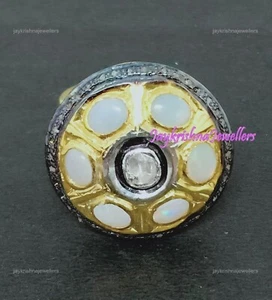 Polki Diamond Cocktail Ring, 925 Silver Handmade Ethiopian Opal Gemstone Ring - Picture 1 of 4