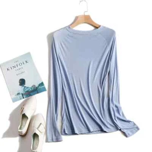 Women Casual Long Sleeve T-Shirts Spring Autumn Solid Pullovers Elastic Tees - Picture 1 of 11